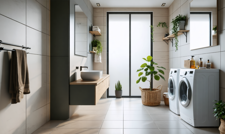 Aménager une salle de bain en longueur : conseils pour positionner colonne, vasque et panier à linge